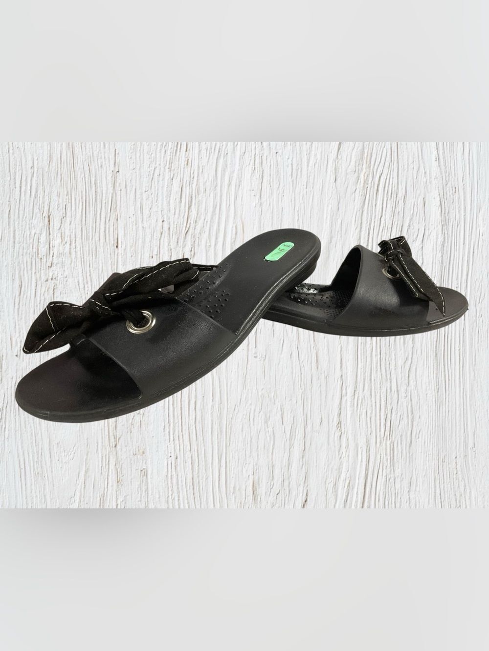 Okabashi Black Bow Slide Sandals with Eyelet Detail Size 10
